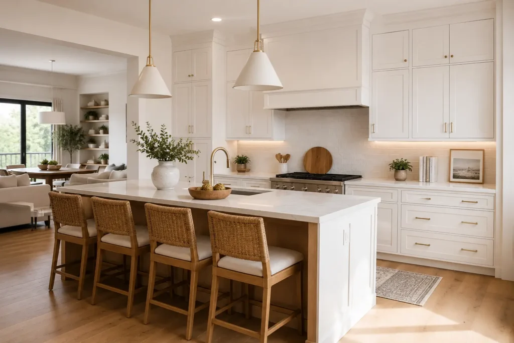 Modern California-style kitchen with white shaker cabinets, warm oak flooring, quartz waterfall island, woven pendant lights, exposed wood beams, and soft natural lighting in an open-concept remodel design.