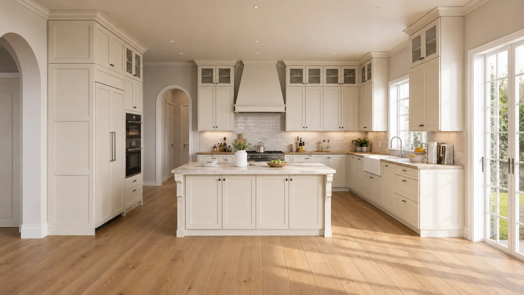 Shaker Kitchen Cabinets: Styles, Colors & Design Ideas Modern shaker kitchen cabinets with warm wood flooring and natural light in an open American kitchen remodel