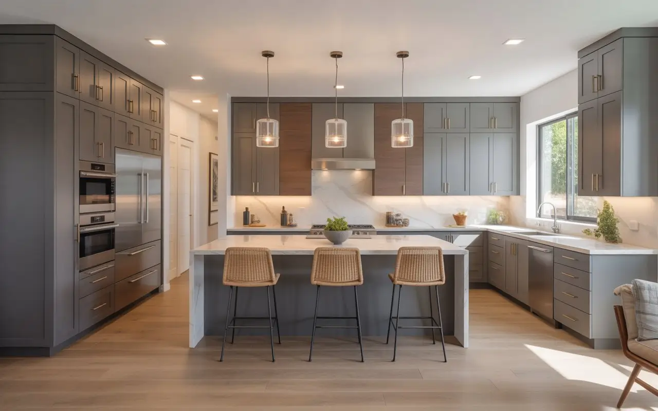 Shaker Kitchen Cabinets: Styles, Colors & Design Ideas Gray shaker kitchen cabinets in a modern open-concept kitchen remodel with quartz countertops and warm wood flooring.