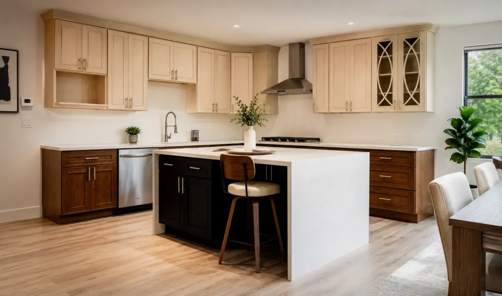 Modern kitchen with two-tone wood cabinets, white countertops, and a waterfall island