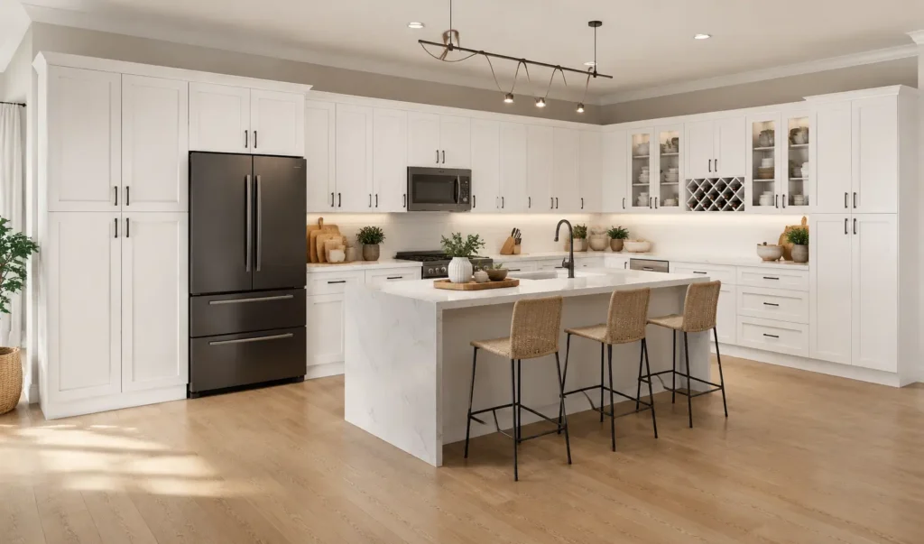 White kitchen cabinets with a large island and light wood flooring