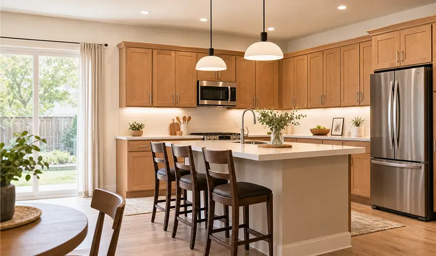 Warm wood kitchen cabinets with a white island and stainless steel appliances
