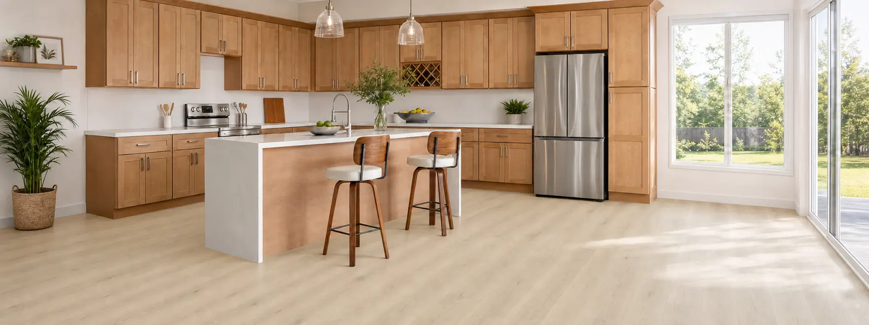 Light wood flooring installed in a bright modern kitchen