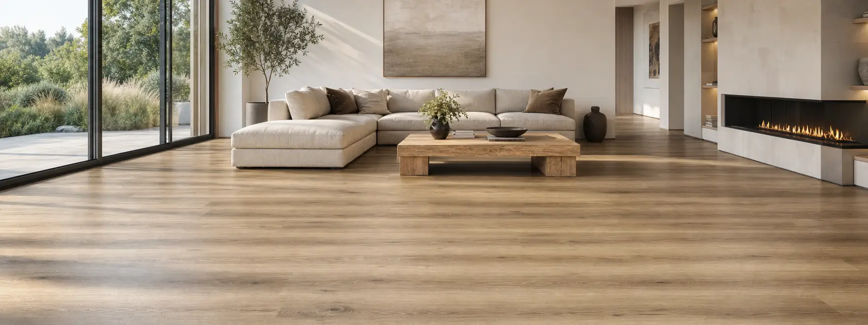 Light wood flooring in a cozy living room with pets