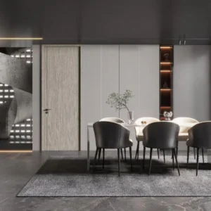 MWP921 light gray wood grain interior door in modern dining room