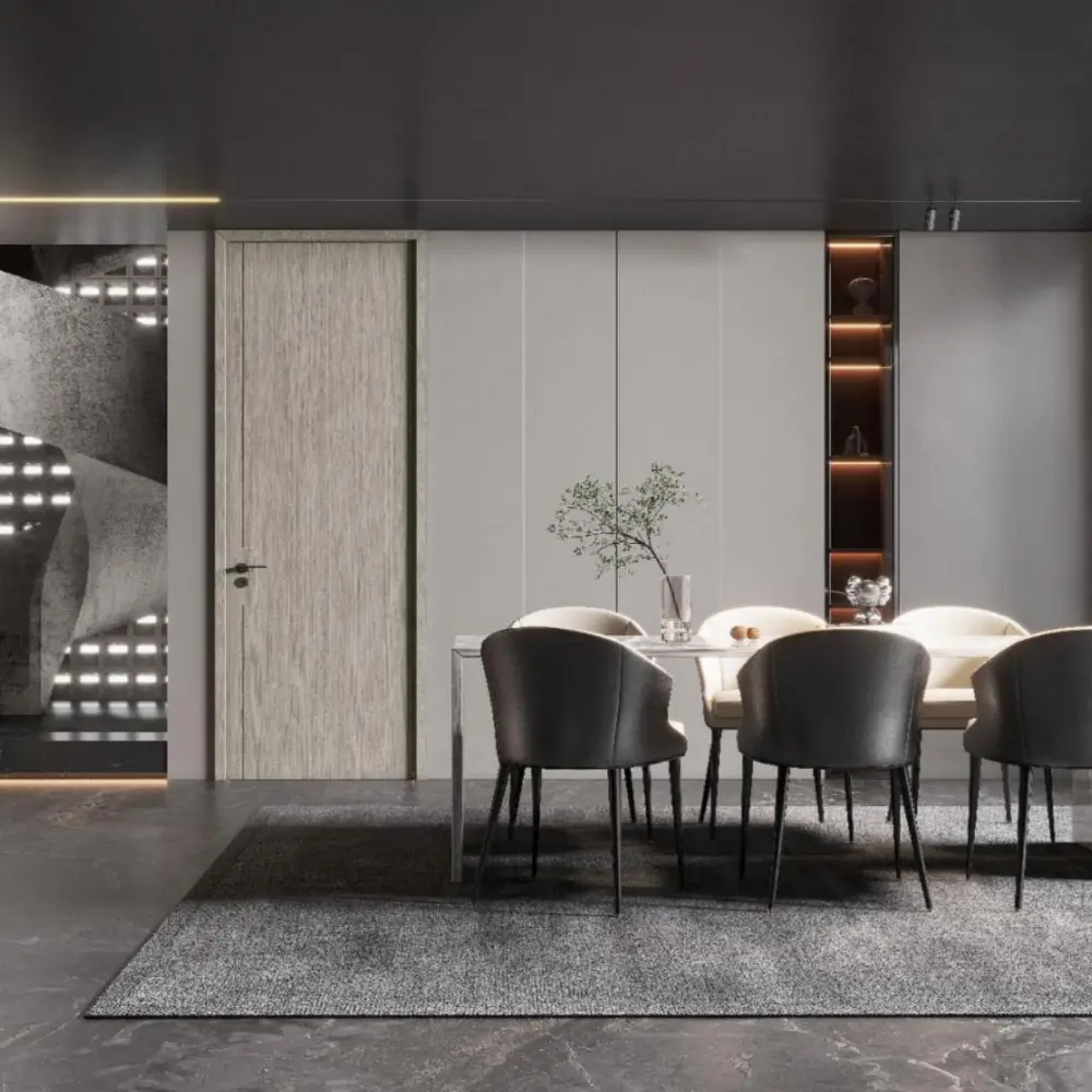 MWP921 light gray wood grain interior door in modern dining room