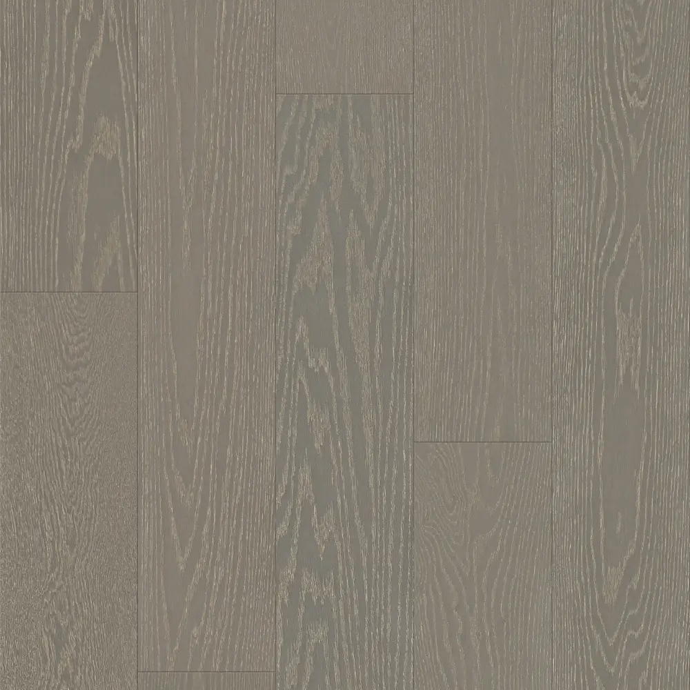14mm Red Oak engineered wood flooring in a muted warm gray taupe tone with linear oak grain