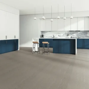 Contemporary kitchen with 14mm Red Oak engineered wood flooring in a warm gray taupe finish