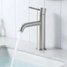 Brushed nickel single-handle bathroom faucet with curved spout