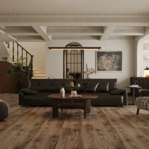 Brown wood-look 8mm SPC flooring installed in a classic living room
