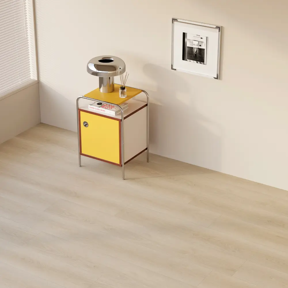 CasaPro Light Ivory 8mm SPC Flooring Interior Scene Light ivory 8mm SPC flooring in a minimalist room with a yellow side cabinet