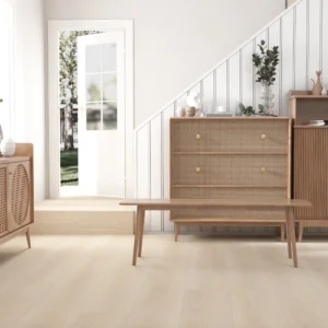 Light ivory 8mm SPC flooring installed in a bright Scandinavian-style interior