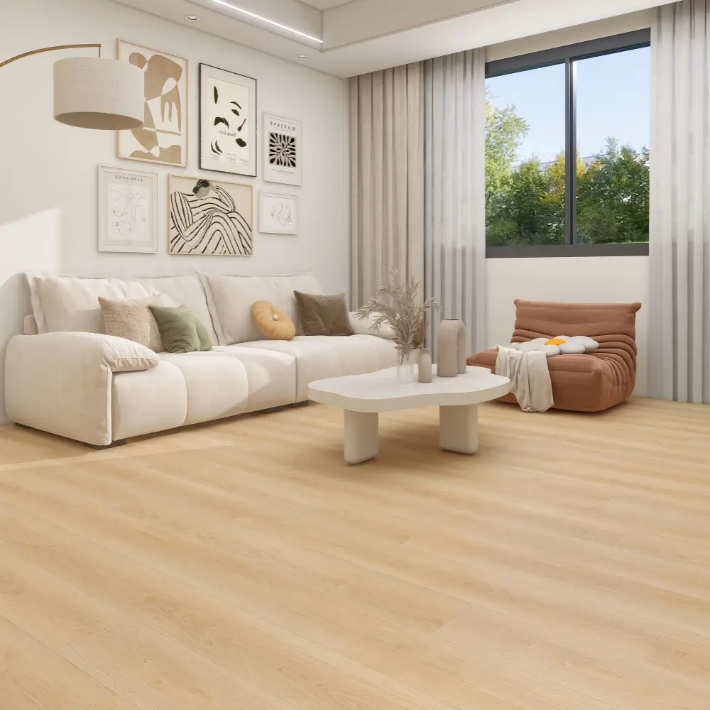 CasaPro Warm Beige 8mm SPC Flooring Living Room Scene Warm beige 8mm SPC flooring installed in a modern living room