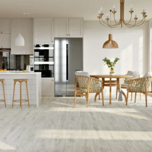 Light gray 8mm SPC flooring installed in a bright kitchen and dining area