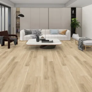 Natural light oak 8mm SPC flooring installed in a modern living room