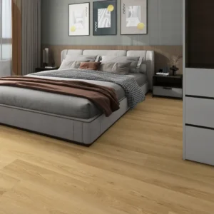 Golden natural 8mm SPC flooring installed in a modern bedroom