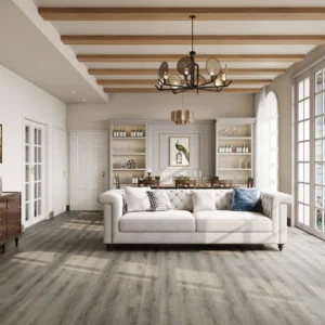 Taupe gray 8mm SPC flooring installed in a classic living and dining room