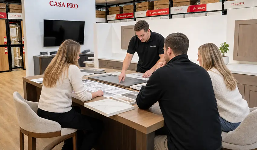 CasaPro team reviewing flooring, cabinet, and countertop samples with customers in the showroom
