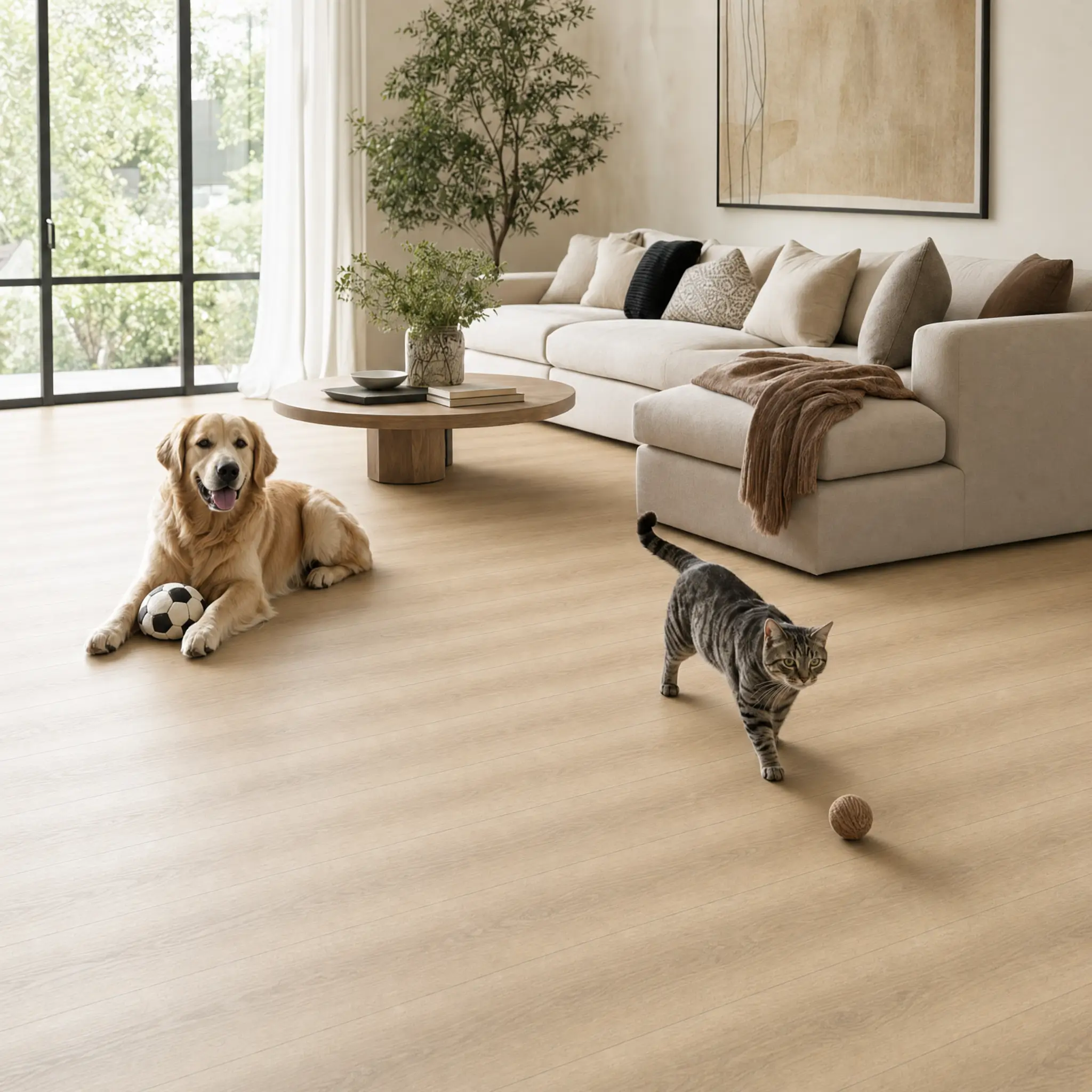 Scratch-resistant flooring in a pet-friendly living room