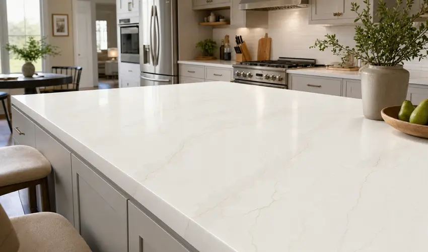 White quartz kitchen countertop with subtle gold veining