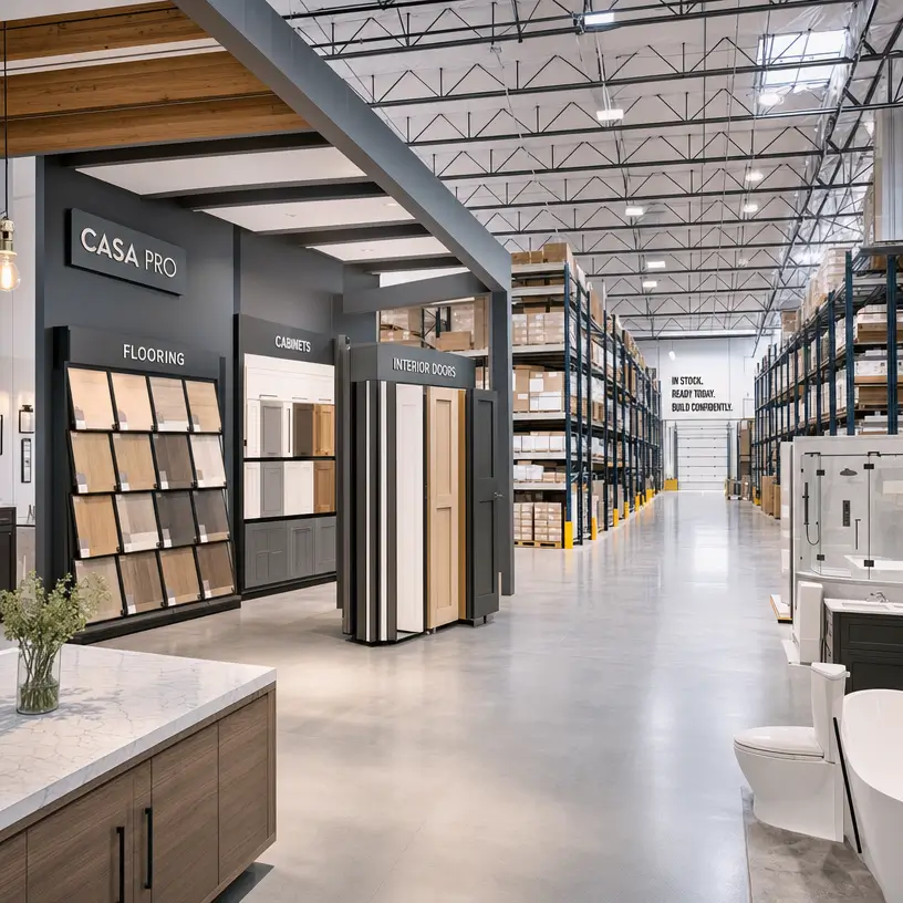 CasaPro showroom and warehouse with flooring, cabinets, doors, bathroom products, and stocked inventory
