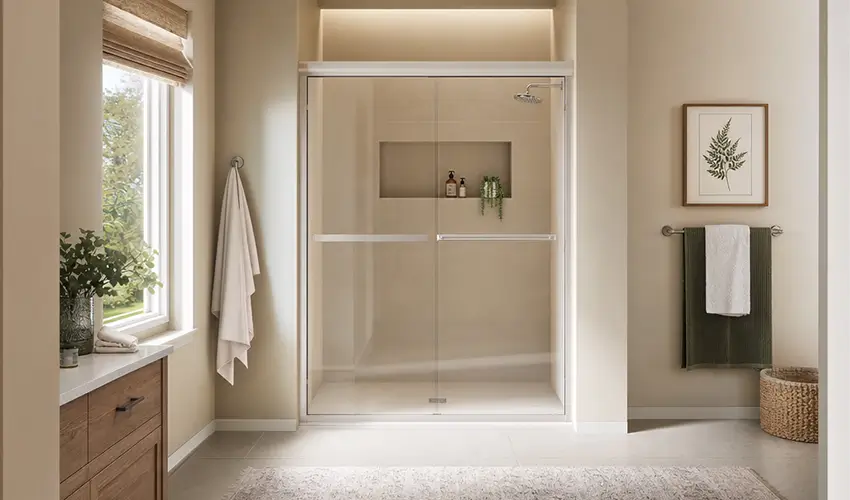 Framed sliding glass shower door in a modern bathroom