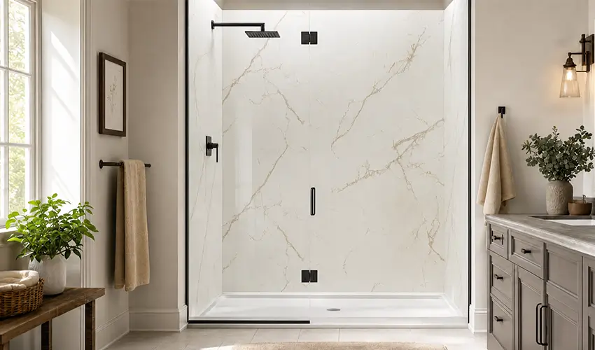 White marble-look shower wall panels with a frameless glass enclosure
