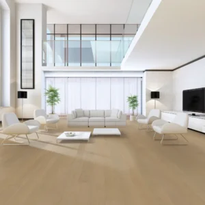 Spacious living room with 14mm Red Oak engineered wood flooring in a warm natural beige finish