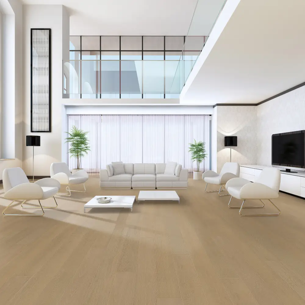 Warm Natural Beige Red Oak Flooring in Living Room Spacious living room with 14mm Red Oak engineered wood flooring in a warm natural beige finish