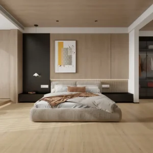 Sunwashed Grain European oak engineered wood flooring installed in a modern bedroom