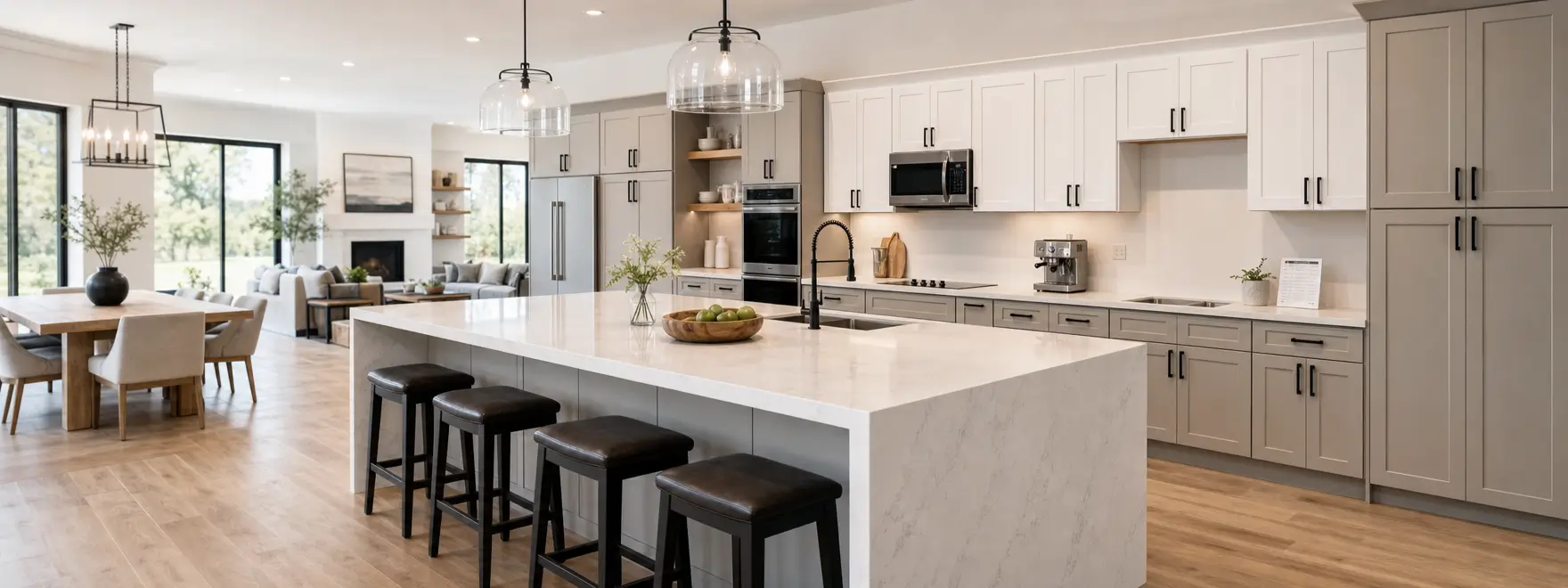 Spacious transitional kitchen with gray and white cabinets and a large quartz island
