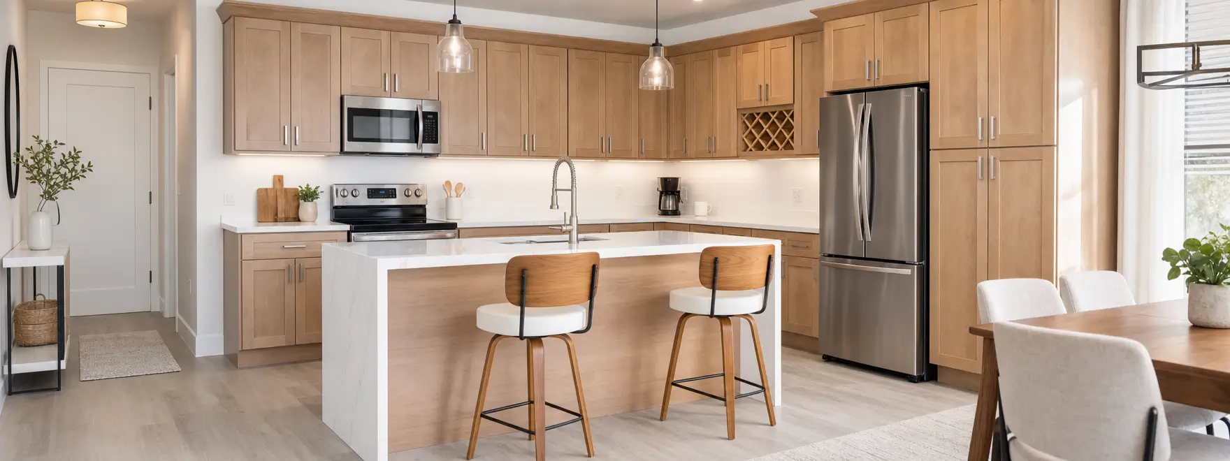 Warm Shaker-style kitchen with wood cabinets, white island, and stainless steel refrigerator