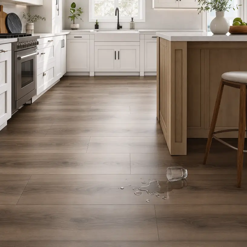 Water-resistant flooring in a kitchen with spilled water on the floor