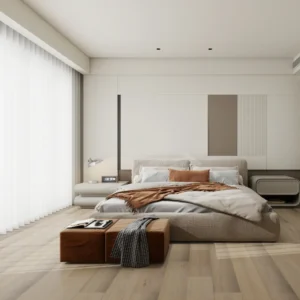 Whispering White European oak engineered wood flooring installed in a modern bedroom