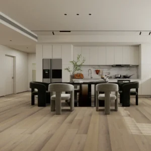 Whispering White European oak engineered wood flooring in a modern dining and kitchen area