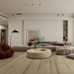 Whispering White European oak engineered wood flooring in a contemporary living room