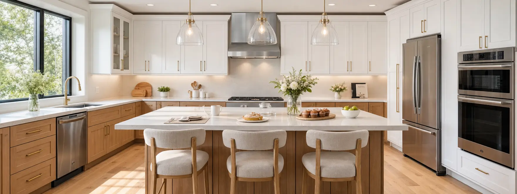 White and wood kitchen with quartz island, pendant lights, and stainless steel appliances