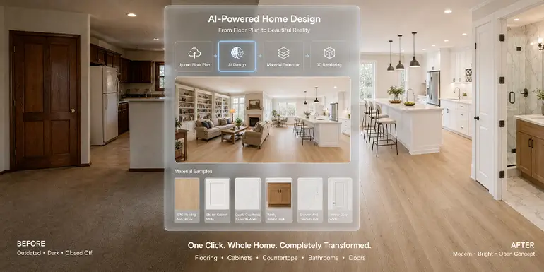 AI whole-house renovation preview with before and after interior transformation