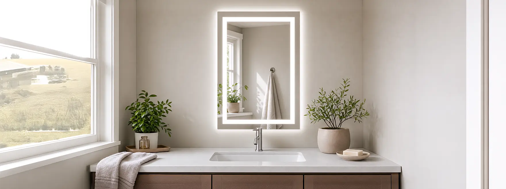 Bathroom vanity with integrated sink, faucet, and illuminated mirror