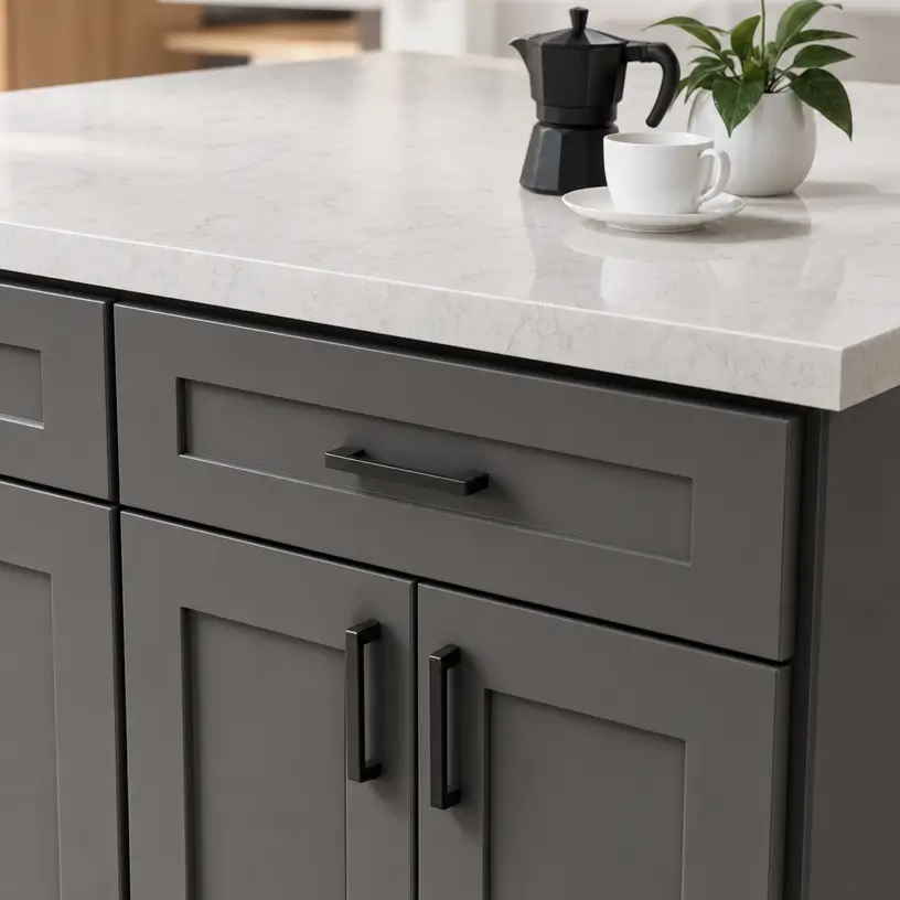 Dark gray Shaker cabinets paired with a light quartz countertop
