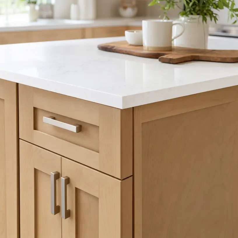 Light wood Shaker cabinets with a clean white quartz countertop