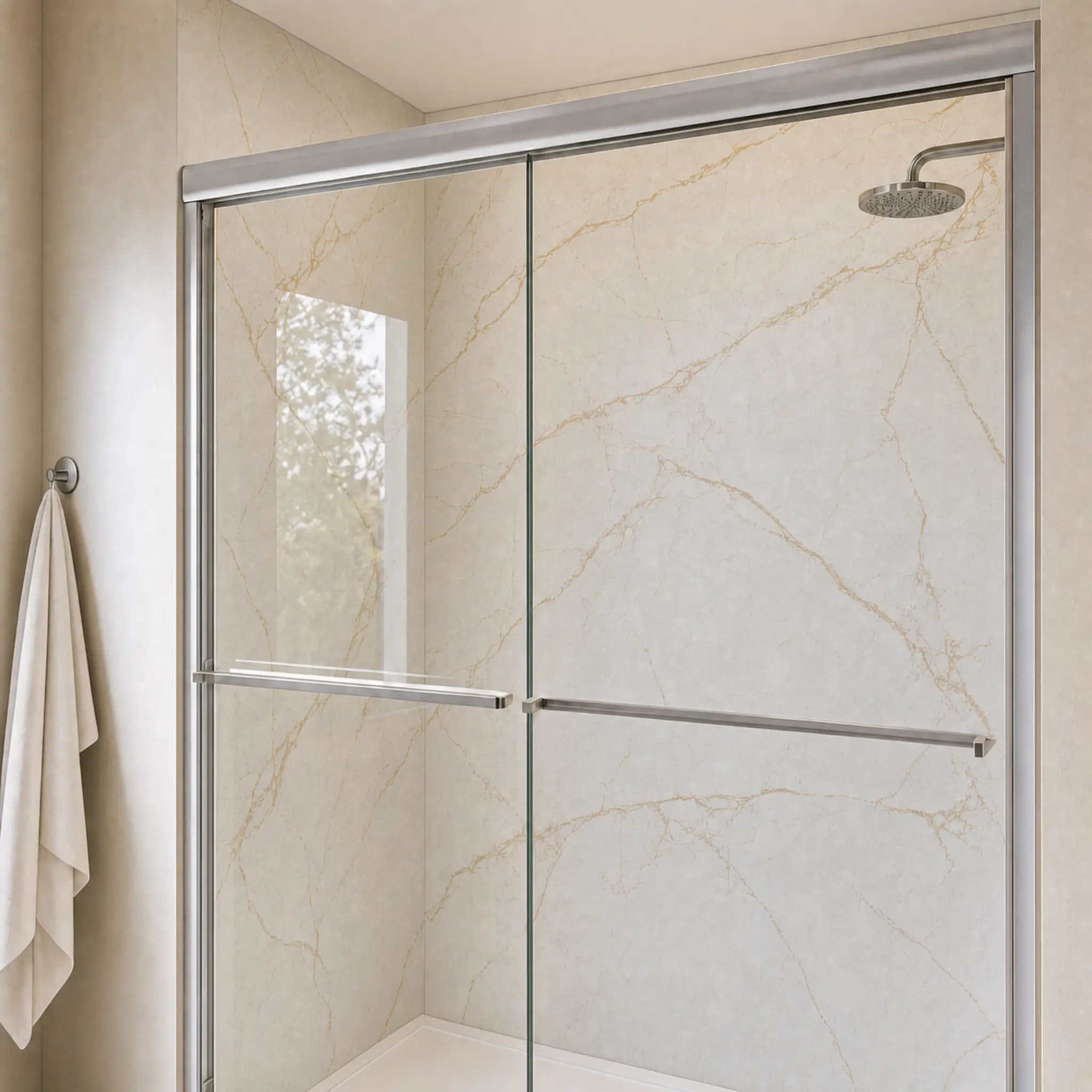 Marble-look shower wall panels with framed sliding glass shower door