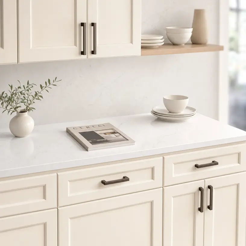 Neutral white Shaker cabinets with a simple white quartz countertop