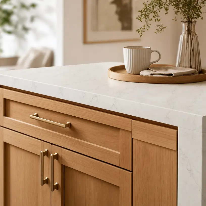 Warm wood Shaker cabinets paired with a soft-veined white quartz countertop